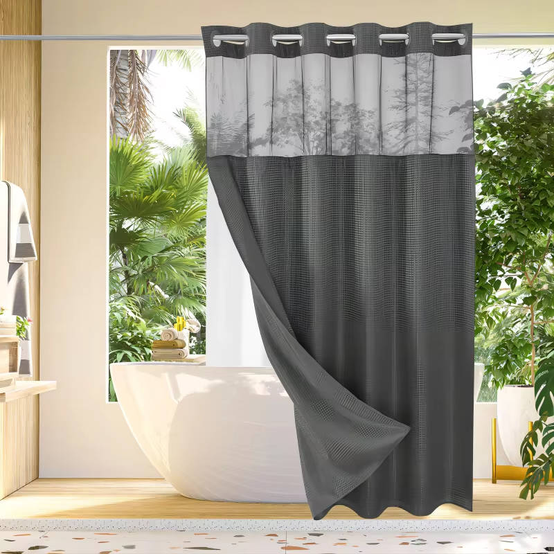 No Hook Waffle Pattern Shower Curtain with Mesh Window