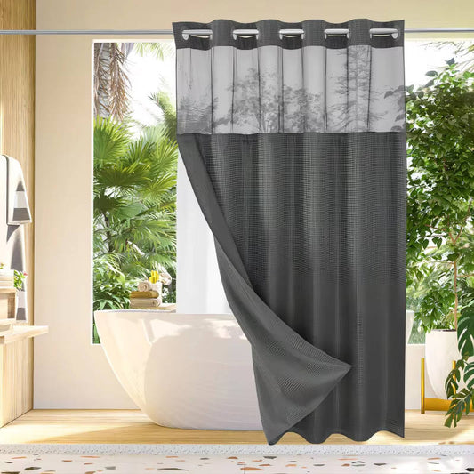 No Hook Waffle Pattern Shower Curtain with Mesh Window