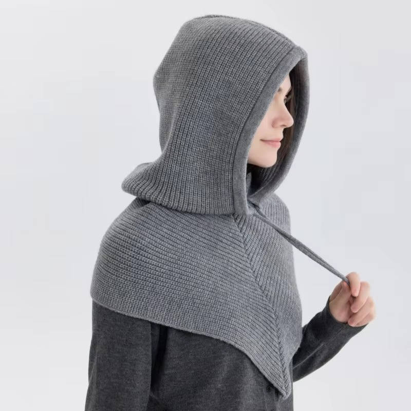 Knit Hood with Attached Scarf and Drawstring Closure