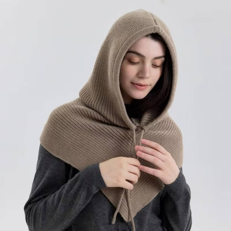 Knit Hood with Attached Scarf and Drawstring Closure