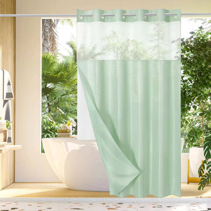 No Hook Waffle Pattern Shower Curtain with Mesh Window