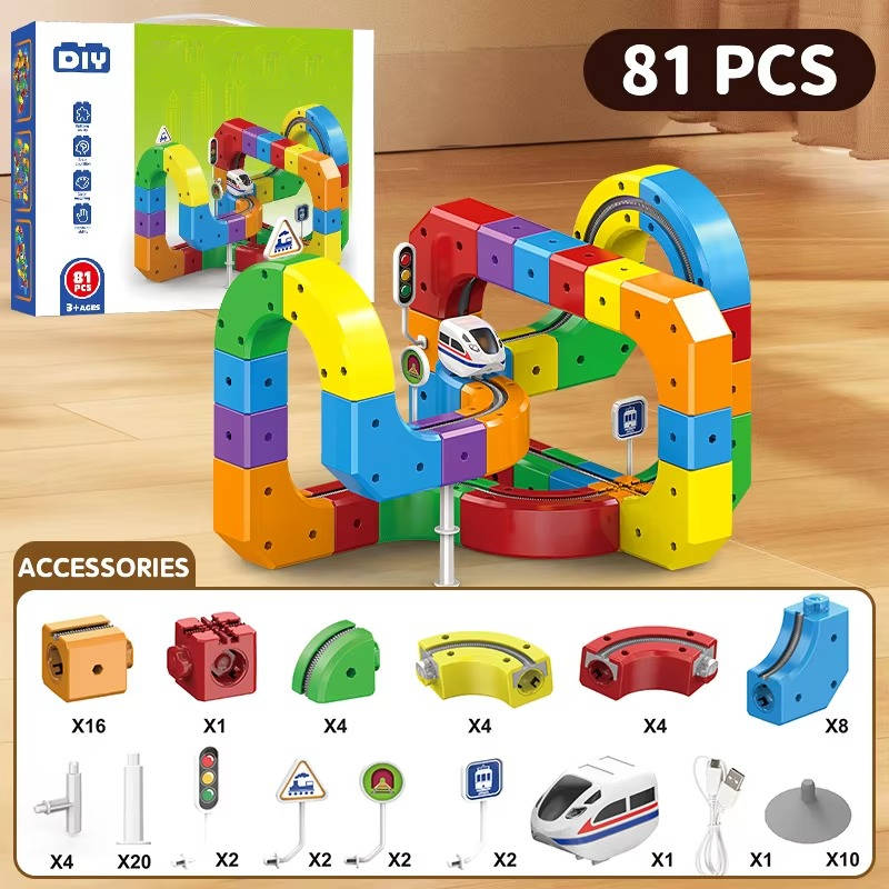 Magnetic Train Set with Flexible Track Sections and Rechargeable Motor