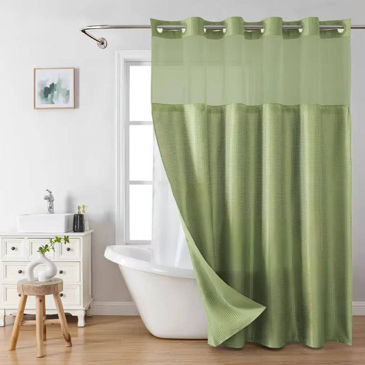No Hook Waffle Pattern Shower Curtain with Mesh Window