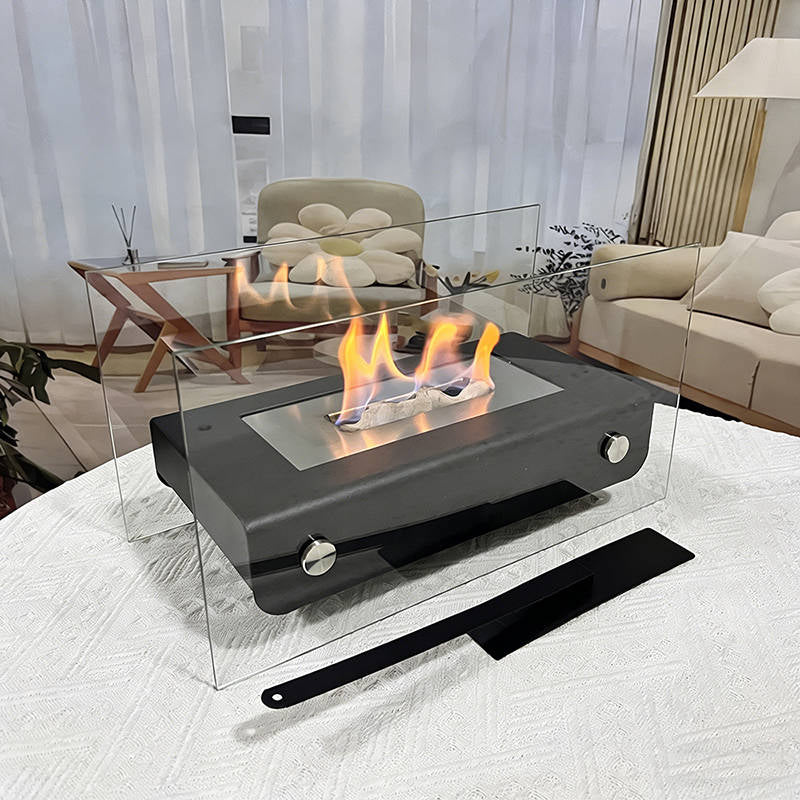 Tabletop Bio Ethanol Fireplace, Portable Rectangular Fire Pit with Dual Glass Wind Guard for Indoor Patio and Balcony