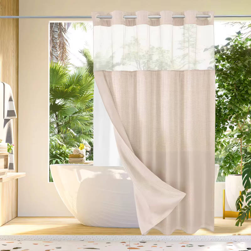No Hook Waffle Pattern Shower Curtain with Mesh Window