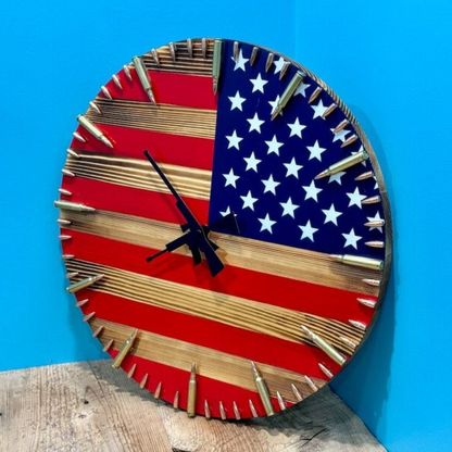 Rustic Wall Clock with American Flag Design and Bullet Hour Markers