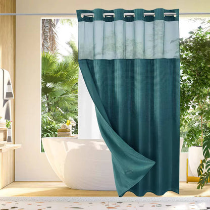 No Hook Waffle Pattern Shower Curtain with Mesh Window