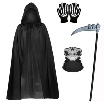 Grim Reaper Costume with Glowing Red Eyes and Skeleton Gloves, Three Piece Scythe
