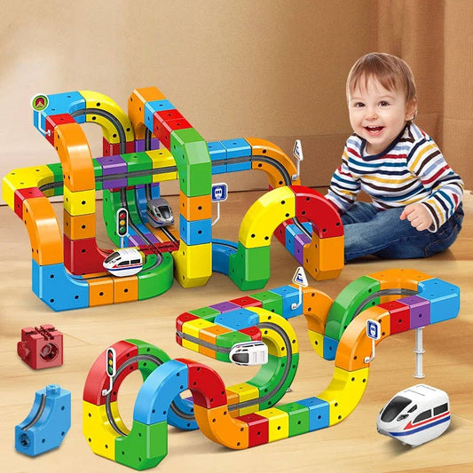 Magnetic Train Set with Flexible Track Sections and Rechargeable Motor