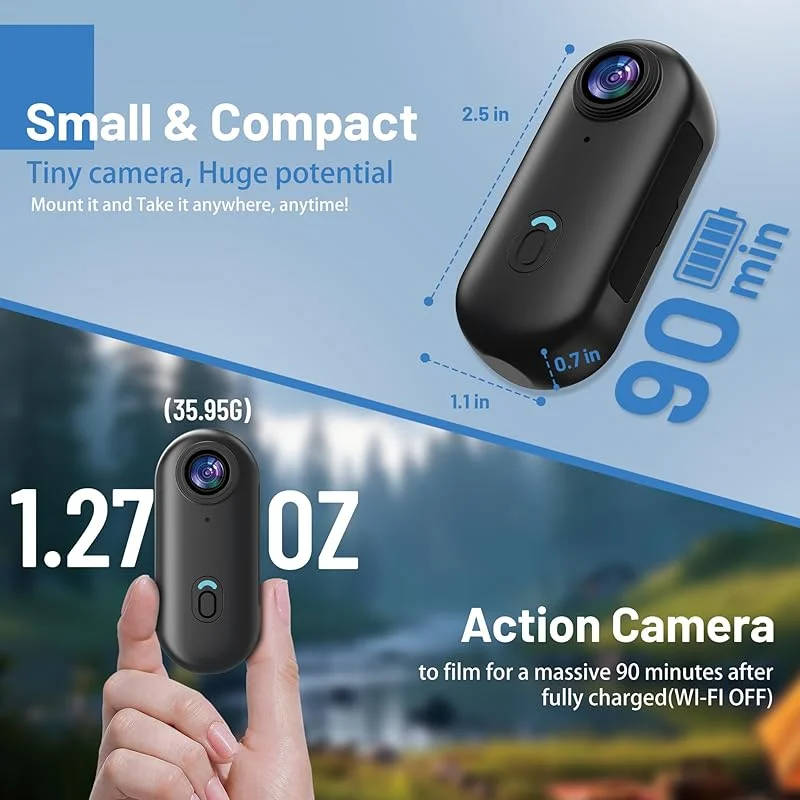 Compact 4K Action Camera with 360 Rotating Clip and Waterproof Case