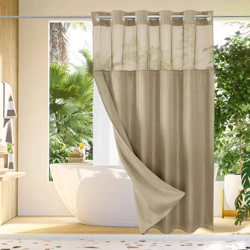 No Hook Waffle Pattern Shower Curtain with Mesh Window