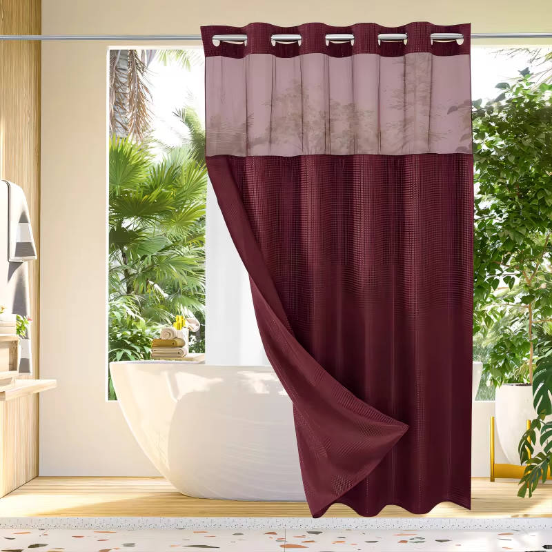 No Hook Waffle Pattern Shower Curtain with Mesh Window