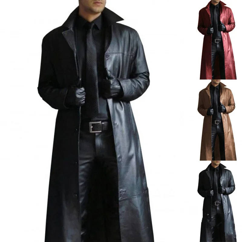Men's Long Trench Coat with PU Outer Shell and Polyester Lining, Slim Fit