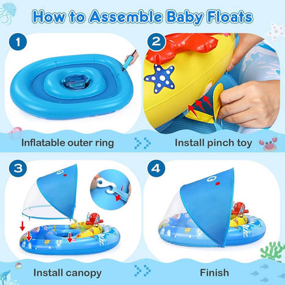 Inflatable Baby Pool Float with Adjustable Four-Position Canopy and Dual Air Chambers