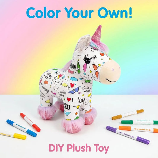DIY Coloring Unicorn Plush Kit – Reusable Stuffed Animal Craft Set with 12 Washable Markers, Kids Gift for Ages 3–8, Birthday & Holiday Presents