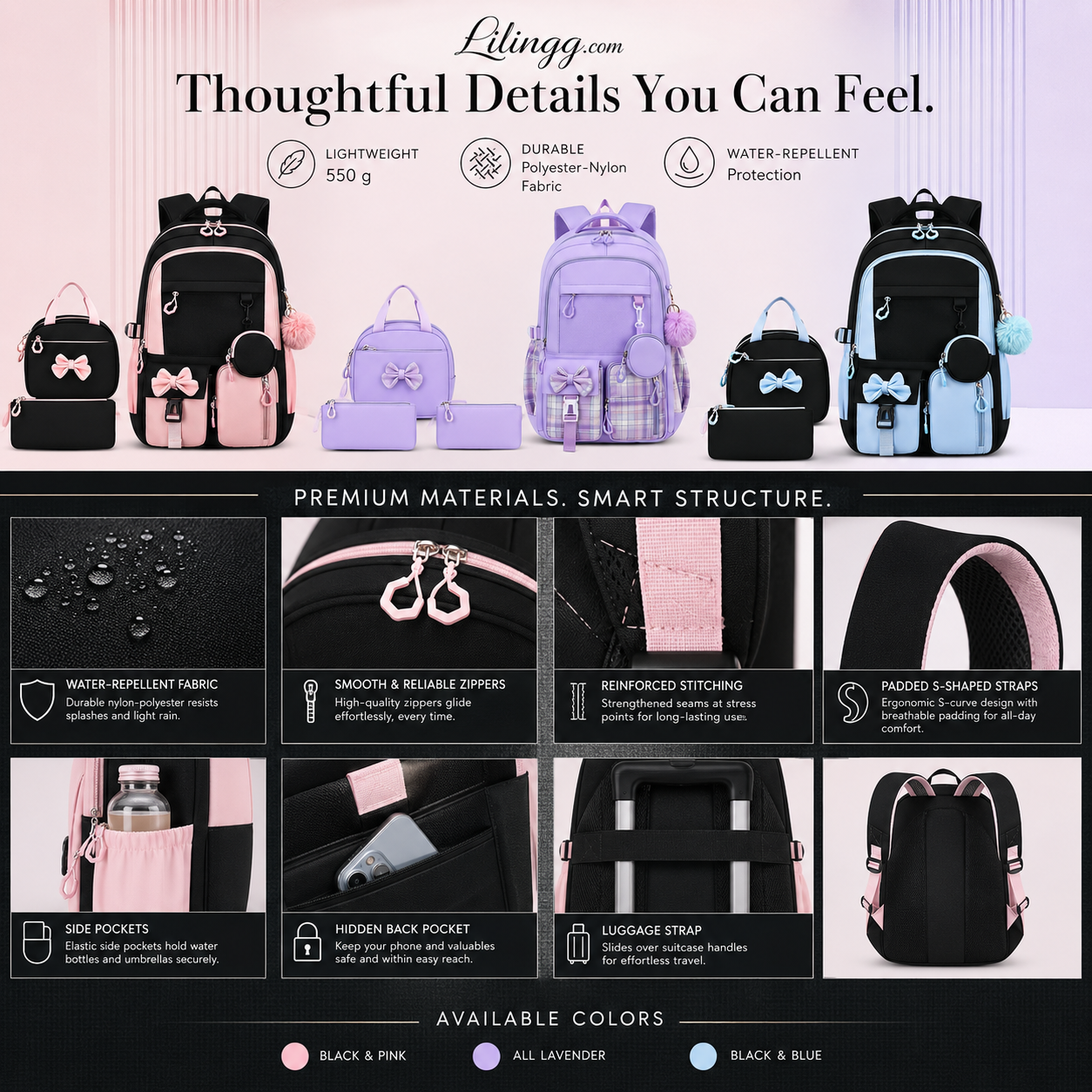 Cute Bowknot Lightweight School Backpack – Water Repellent & Anti-Theft!