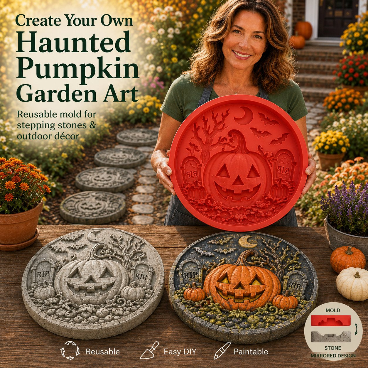 Reusable Haunted Pumpkin Halloween Stepping Stone Mold