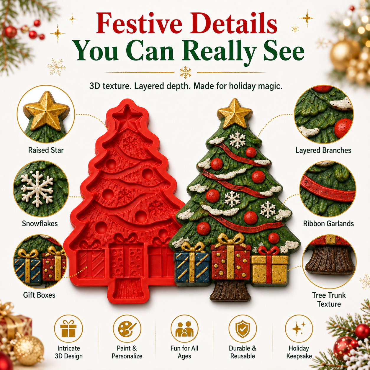 DIY Christmas Tree Mold & Paint Craft Kit | Reusable 3D Mold with 8 Acrylic Paints, 2 Brushes & Festive Detail Guide
