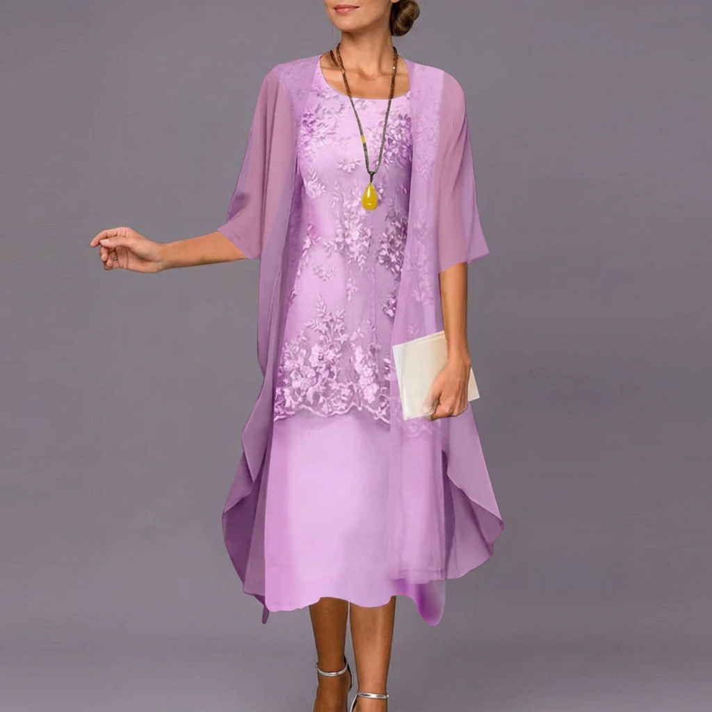 Two Piece Chiffon Dress with Lace Accents and Flowing Fabric for Formal Events