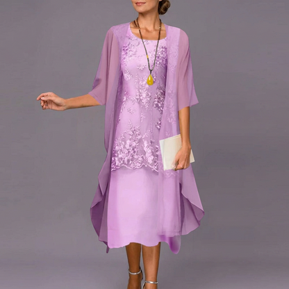 Two Piece Chiffon Dress with Lace Accents and Flowing Fabric for Formal Events