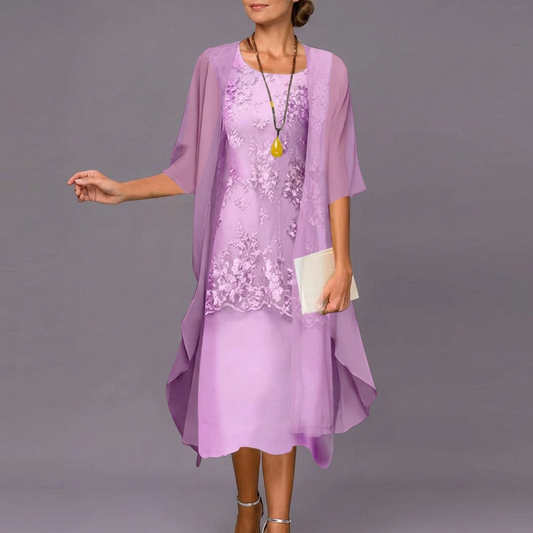 Two Piece Chiffon Dress with Lace Accents and Flowing Fabric for Formal Events