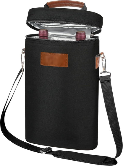 Insulated Wine Bottle Carrier for Two 750ml Bottles with Padded Divider and Adjustable Strap