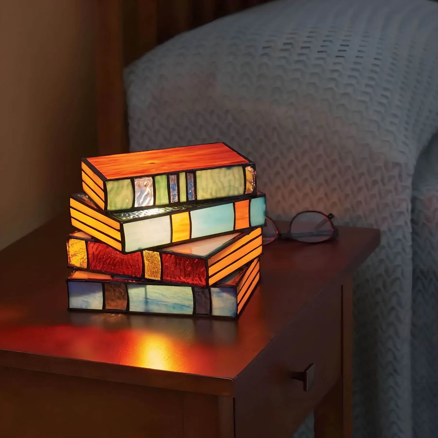 Stained Glass Table Lamp with Book Stack Design and Warm Diffused Light