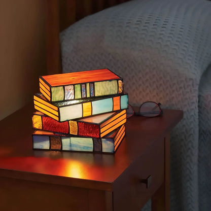 Stained Glass Table Lamp with Book Stack Design and Warm Diffused Light