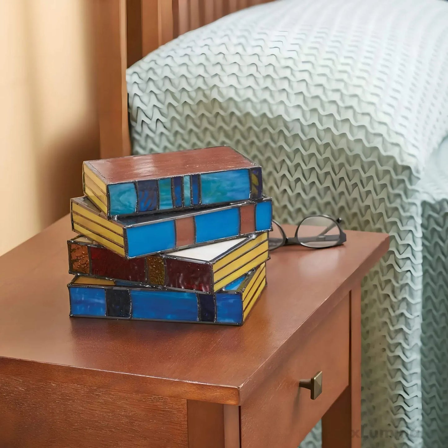 Stained Glass Table Lamp with Book Stack Design and Warm Diffused Light