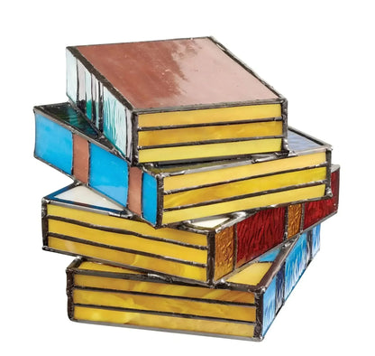 Stained Glass Table Lamp with Book Stack Design and Warm Diffused Light