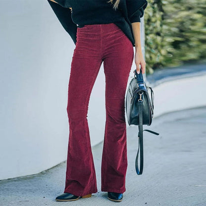 Stretch Velvet Pants with Elastic Waistband and Relaxed Straight Leg