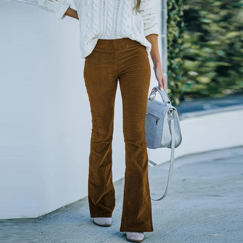 Stretch Velvet Pants with Elastic Waistband and Relaxed Straight Leg