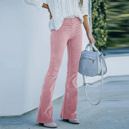 Stretch Velvet Pants with Elastic Waistband and Relaxed Straight Leg