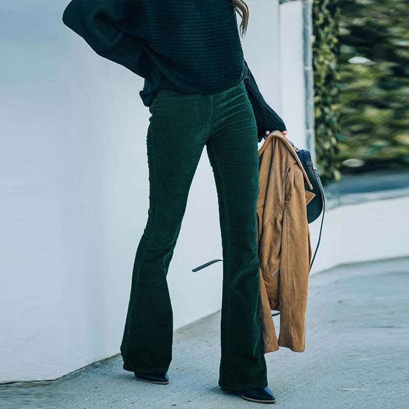 Stretch Velvet Pants with Elastic Waistband and Relaxed Straight Leg