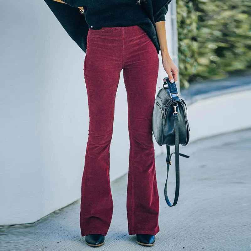Stretch Velvet Pants with Elastic Waistband and Relaxed Straight Leg