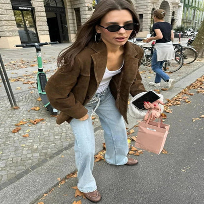 Brown Suede Jacket with Lapel Collar and Side Pockets for Women