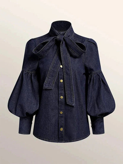 Fitted Blouse with Adjustable Bow Tie and Puff Sleeves, Gathered Cuffs