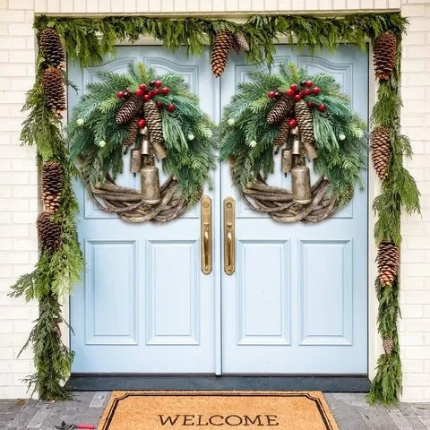 Seasonal Wreath with Pinecones, Berries and Golden Bells, 17in Diameter