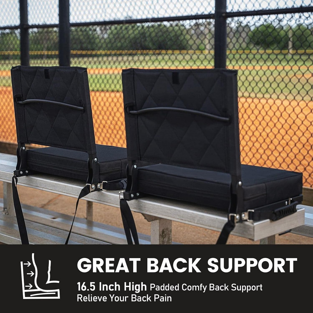 Folding Stadium Seat with Angled Back Support and Shoulder Strap, Padded Bleacher Chair