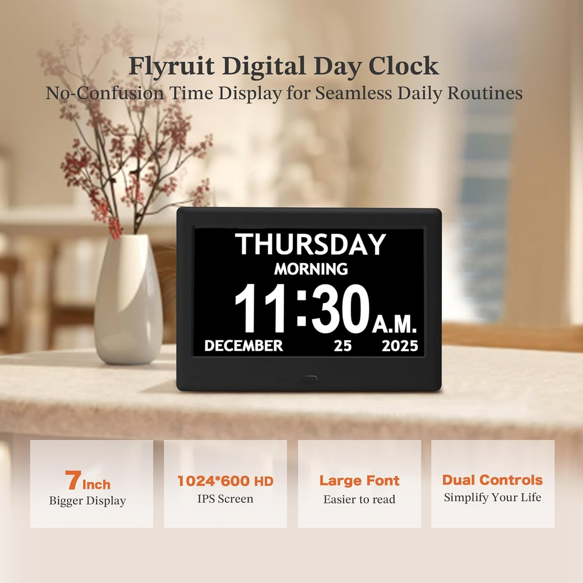Digital Calendar Clock with Daily Activity Icons and Large Display for Seniors