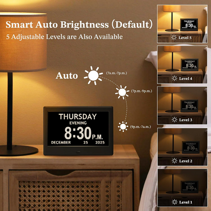 Digital Calendar Clock with Daily Activity Icons and Large Display for Seniors