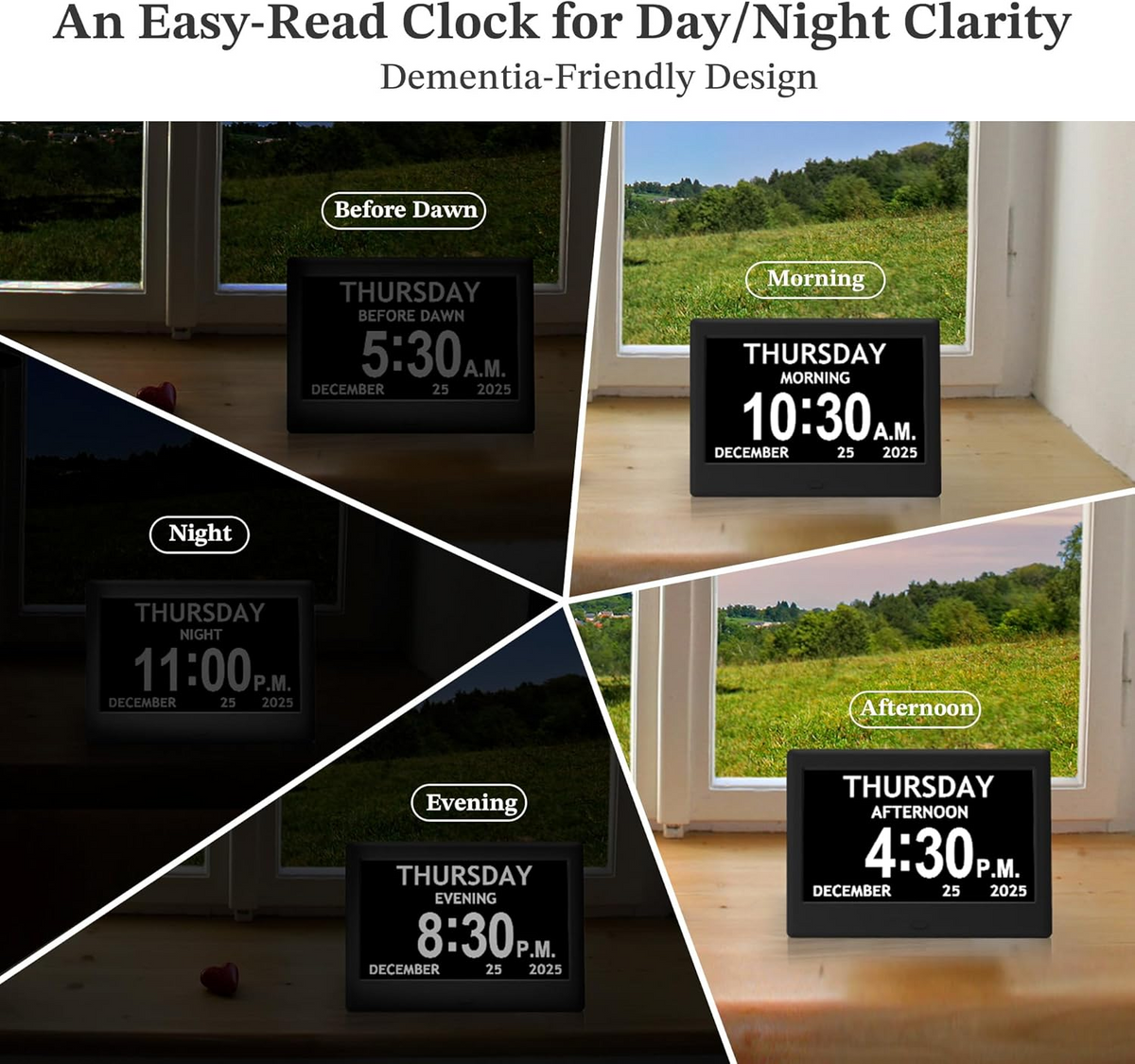 Digital Calendar Clock with Daily Activity Icons and Large Display for Seniors