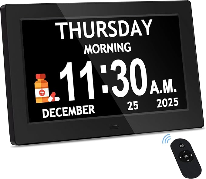 Digital Calendar Clock with Daily Activity Icons and Large Display for Seniors