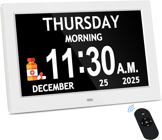 Digital Calendar Clock with Daily Activity Icons and Large Display for Seniors