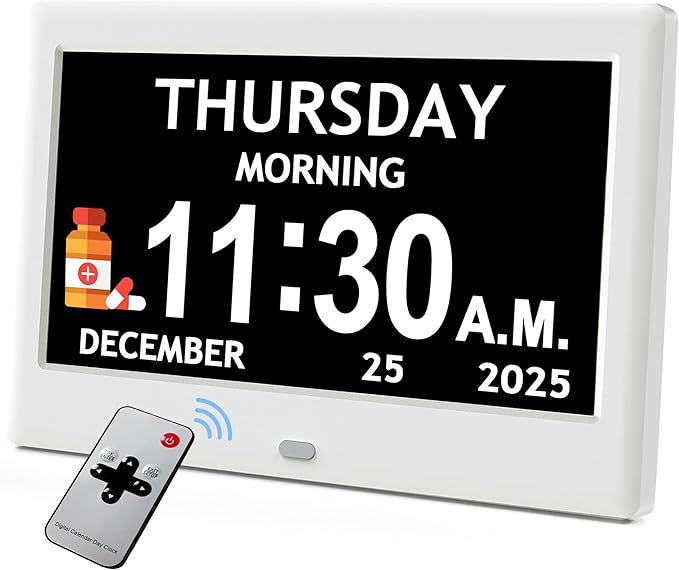 Digital Calendar Clock with Daily Activity Icons and Large Display for Seniors