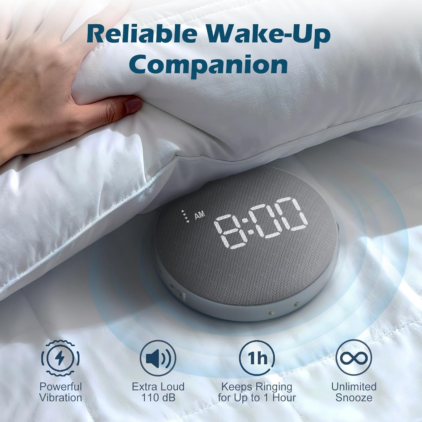Vibrating Alarm Clock with 110dB Sound and Under-Pillow Bed Shaker for Heavy Sleepers