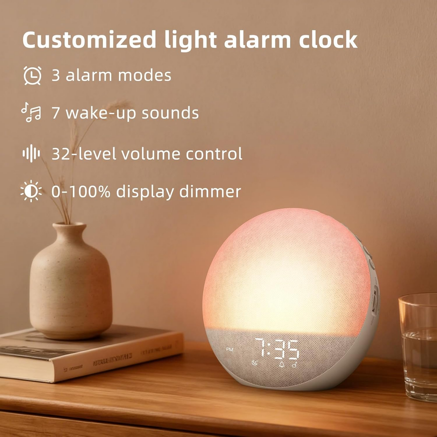 Sunrise Simulation Alarm Clock with Adjustable Brightness and Sunset Mode