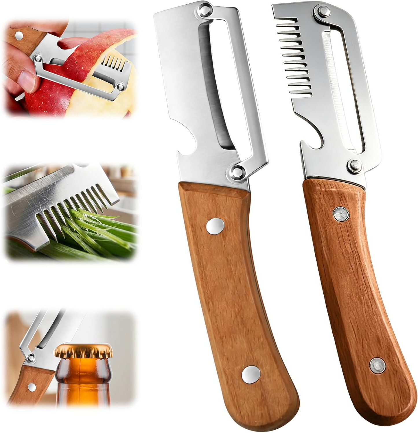 Wide Blade Vegetable Peeler with Wooden Handle and Julienne Edge, 3-in-1 Function