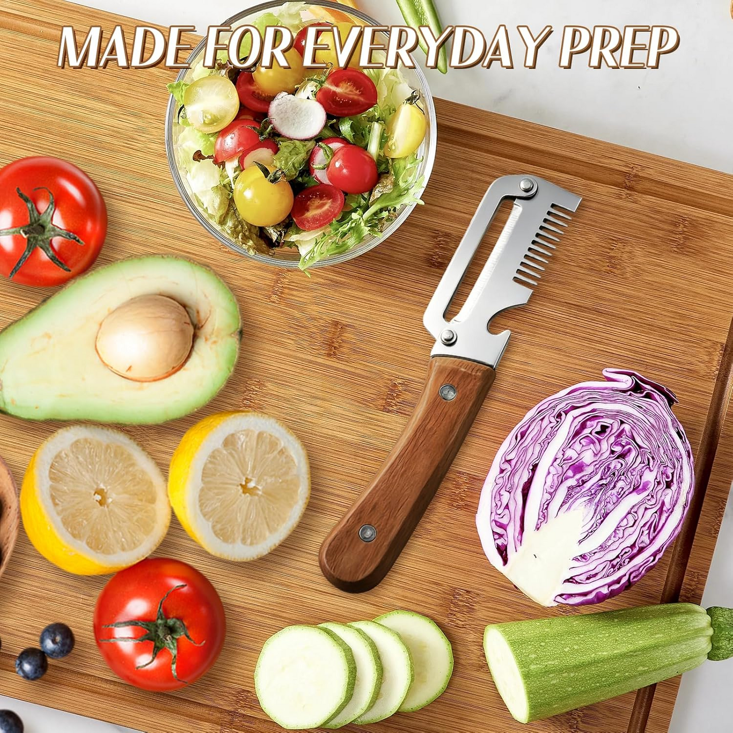 Wide Blade Vegetable Peeler with Wooden Handle and Julienne Edge, 3-in-1 Function