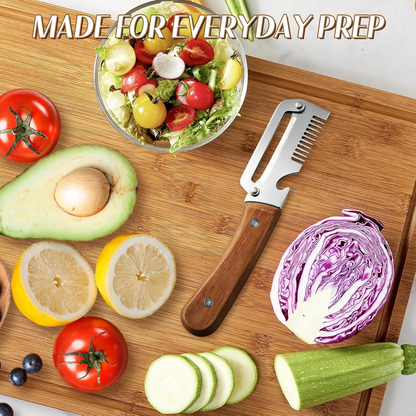 Wide Blade Vegetable Peeler with Wooden Handle and Julienne Edge, 3-in-1 Function